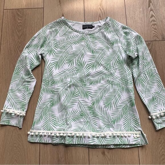 Duffield Lane Green Palm Leaf Print Women's Long Sleeve Crew Neck Top Pom Trim - Picture 5 of 7